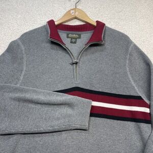 EDDIE BAUER SWEATER PULLOVER 1/4 ZIP HENLEY GRAY RED WHITE COTTON LT‎ L TALL